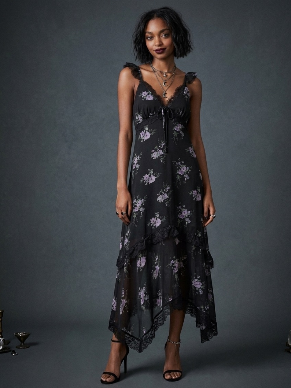 Black Floral Lace Asymmetrical Maxi Dress Whimsygoth Ruffle Size M Summer Goth